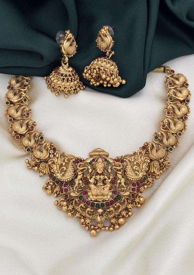 Gold-Plated Artificial Stones Studded and Beaded Temple Jewellery Set for Women | Traditional Temple Jewellery for Wedding & Festive Wear | Gift for Her - Indya