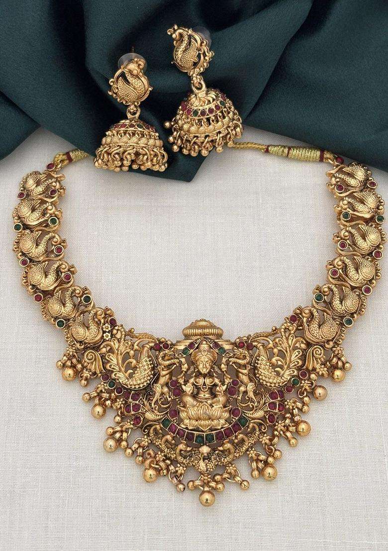 Gold-Plated Artificial Stones Studded and Beaded Temple Jewellery Set for Women | Traditional Temple Jewellery for Wedding & Festive Wear | Gift for Her - Indya