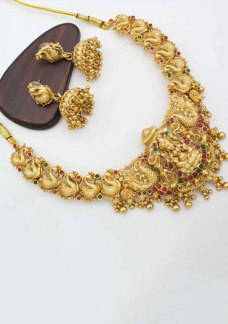 Gold-Plated Artificial Stones Studded and Beaded Temple Jewellery Set for Women | Traditional Temple Jewellery for Wedding & Festive Wear | Gift for Her - Indya