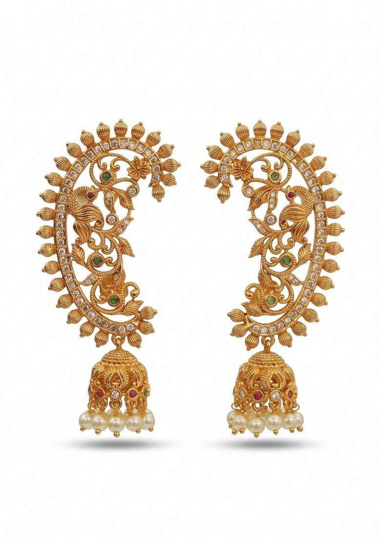 Gold-Plated Crescent Shaped Ear Cuff Earrings for Women | Traditional Temple Jewellery for Wedding & Festive Wear | Gift for Her - Indya