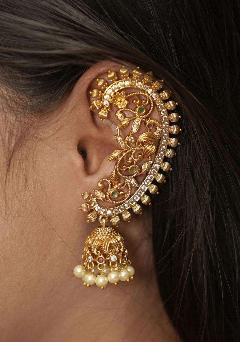 Gold-Plated Crescent Shaped Ear Cuff Earrings for Women | Traditional Temple Jewellery for Wedding & Festive Wear | Gift for Her - Indya