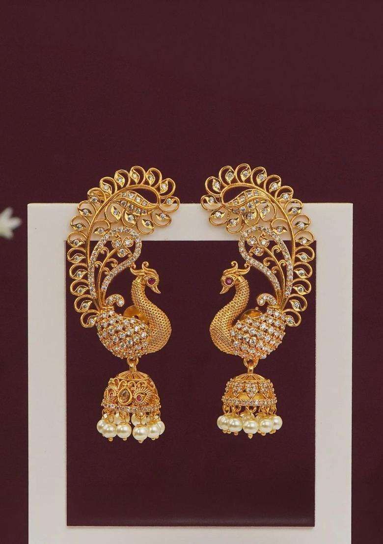 Gold-Plated Peacock Shaped Jhumkas Earrings for Women | Traditional Temple Jewellery for Wedding & Festive Wear | Gift for Her - Indya