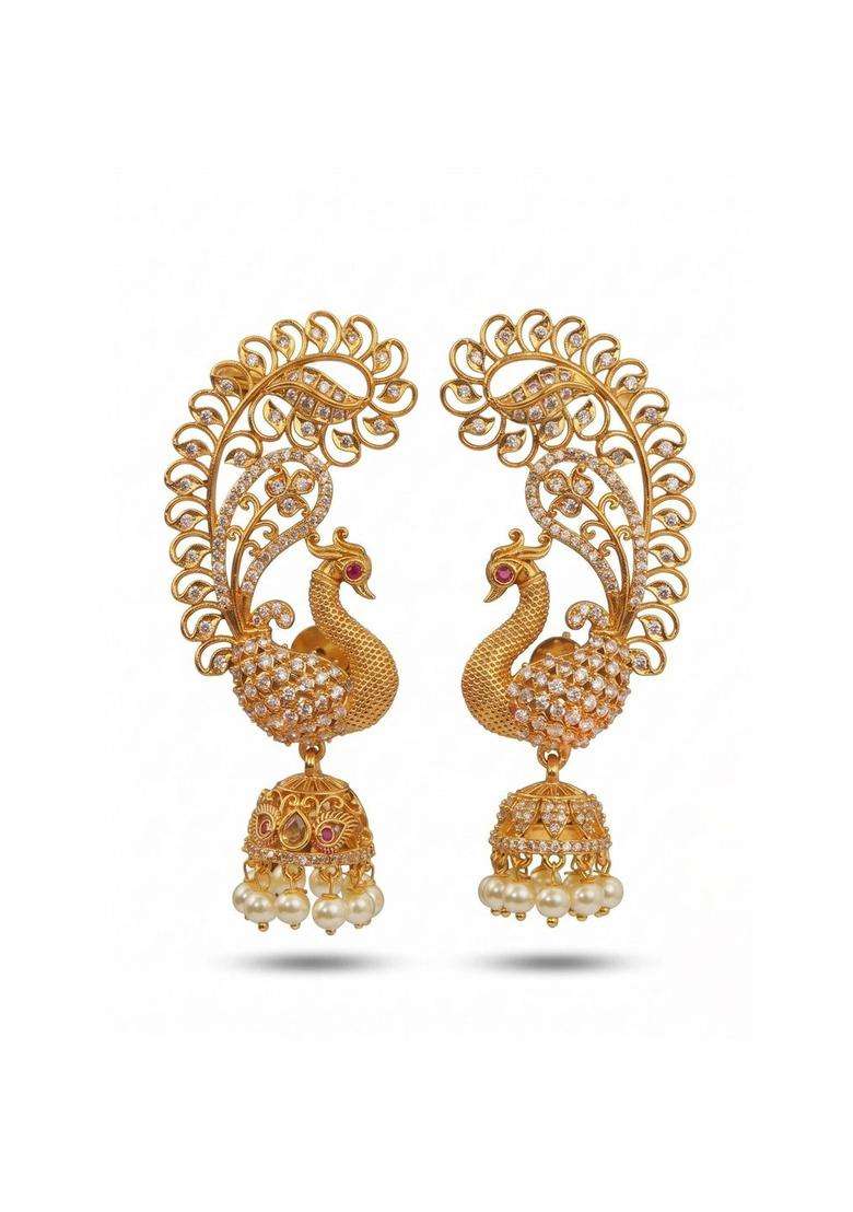 Gold-Plated Peacock Shaped Jhumkas Earrings for Women | Traditional Temple Jewellery for Wedding & Festive Wear | Gift for Her - Indya