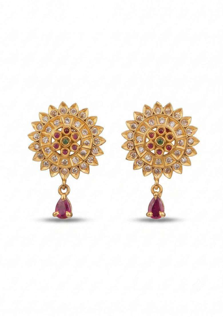 Gold-Plated Circular Drop Earrings for Women | Traditional Temple Jewellery for Wedding & Festive Wear | Gift for Her - Indya