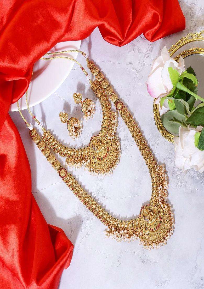 Gold-Plated Stone Studded & Beaded Lakshmi Goddess Jewellery Set for Women | Traditional Temple Jewellery for Wedding & Festive Wear | Gift for Her - Indya