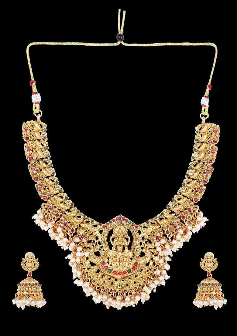 Gold-Plated Stone Studded & Beaded Lakshmi Goddess Jewellery Set for Women | Traditional Temple Jewellery for Wedding & Festive Wear | Gift for Her - Indya