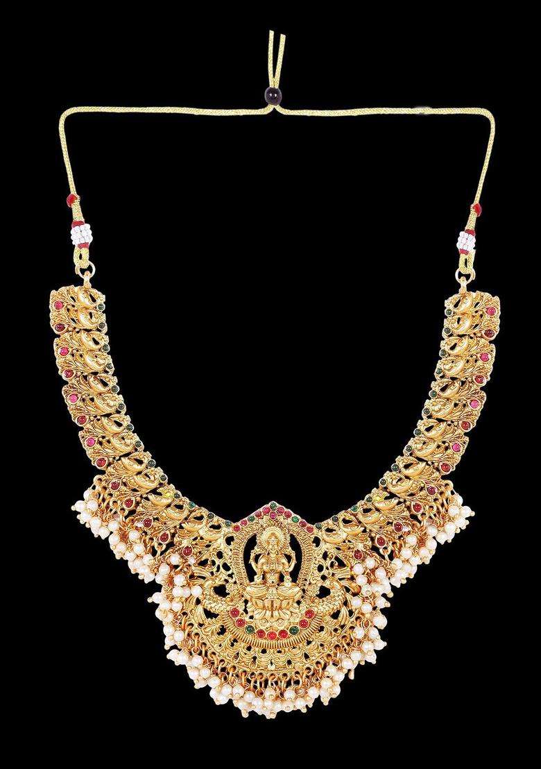 Gold-Plated Stone Studded & Beaded Lakshmi Goddess Jewellery Set for Women | Traditional Temple Jewellery for Wedding & Festive Wear | Gift for Her - Indya