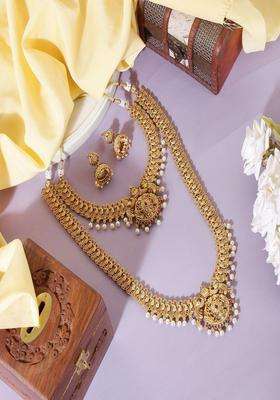 Gold-Plated Stone Studded & Beaded Lakshmi Goddess Jewellery Set for Women | Traditional Temple Jewellery for Wedding & Festive Wear | Gift for Her
