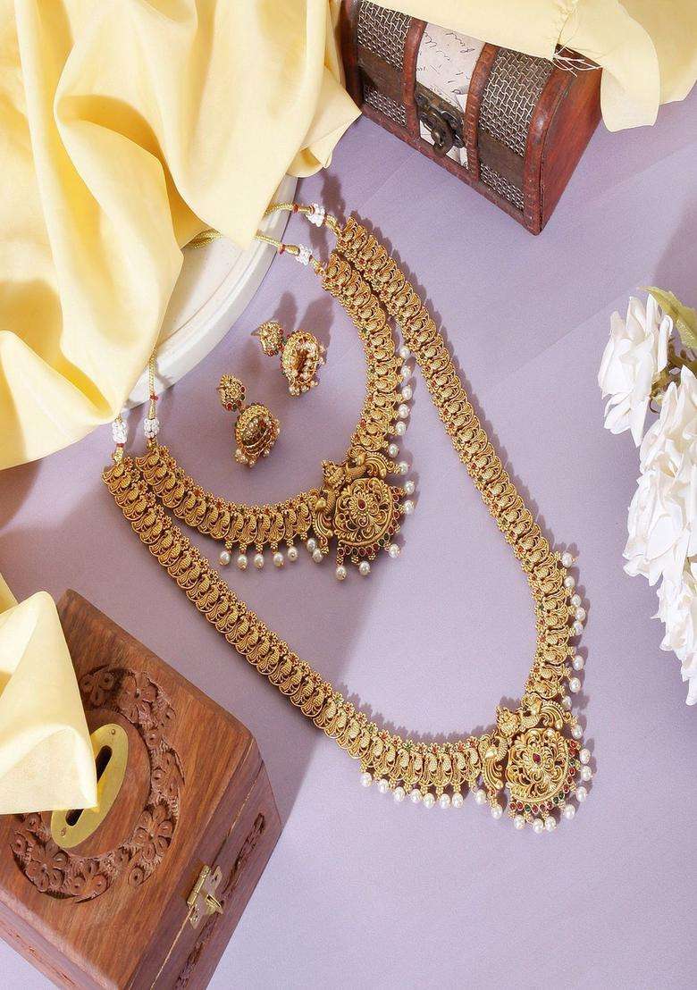 Gold-Plated Stone Studded & Beaded Lakshmi Goddess Jewellery Set for Women | Traditional Temple Jewellery for Wedding & Festive Wear | Gift for Her - Indya
