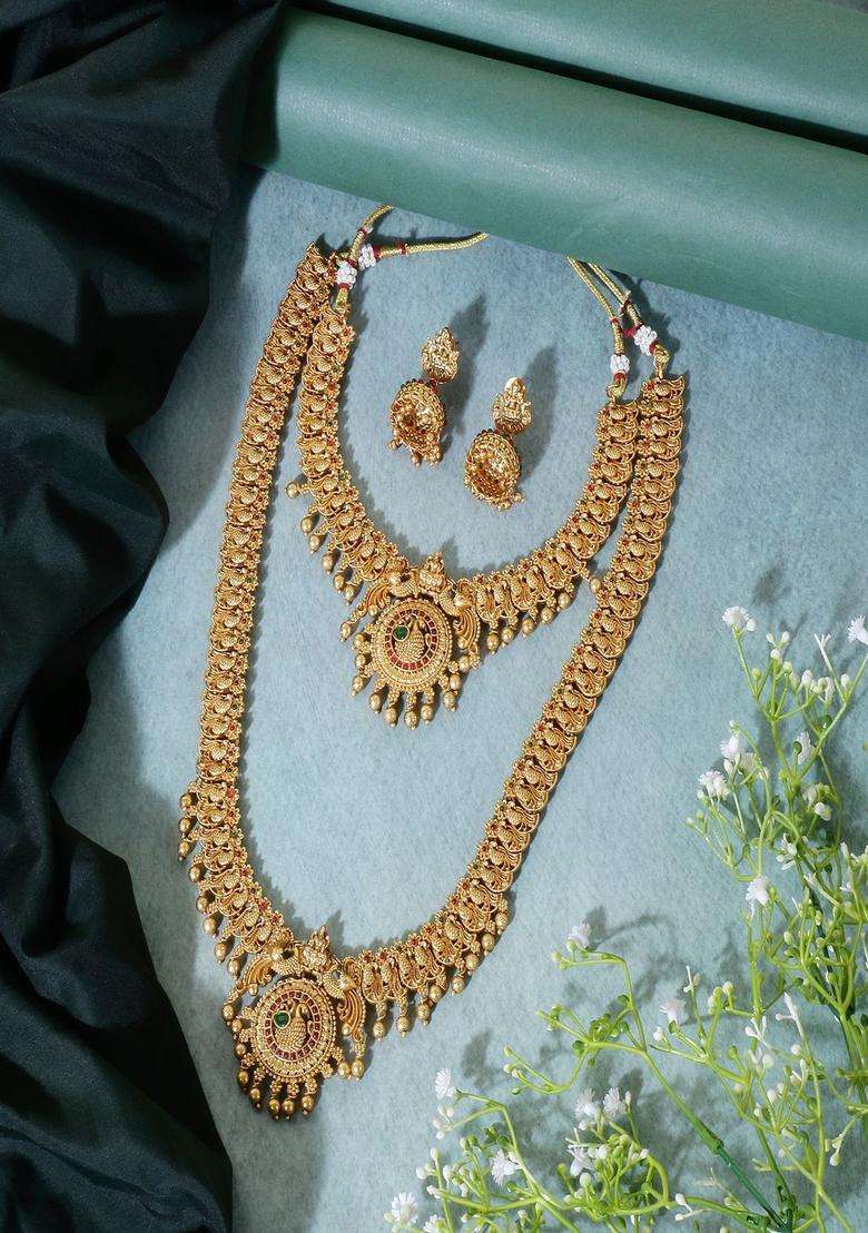 Gold-Plated Stone Studded & Beaded Lakshmi Goddess Jewellery Set for Women | Traditional Temple Jewellery for Wedding & Festive Wear | Gift for Her - Indya