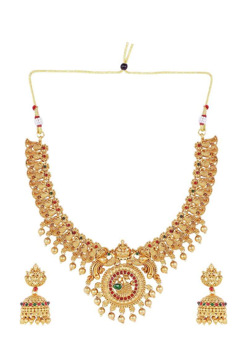Gold-Plated Stone Studded & Beaded Lakshmi Goddess Jewellery Set for Women | Traditional Temple Jewellery for Wedding & Festive Wear | Gift for Her - Indya