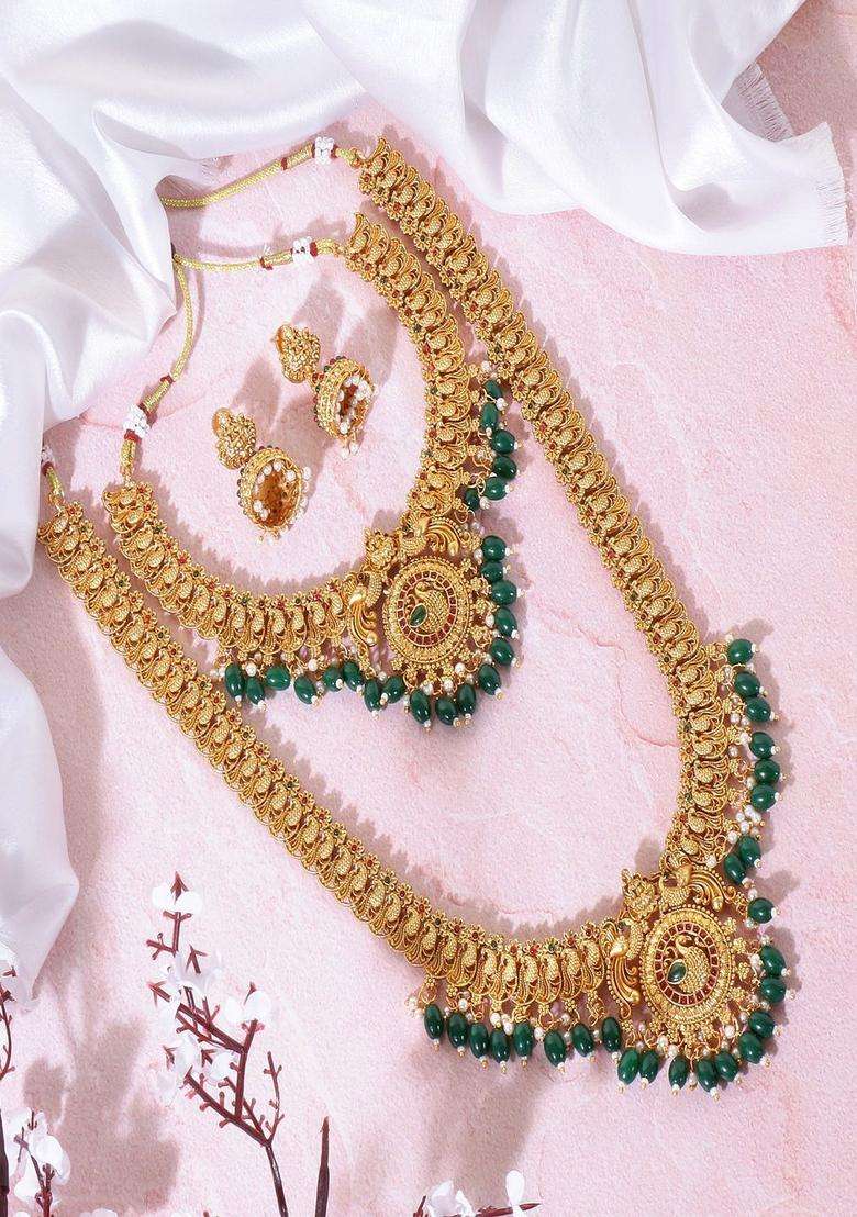 Gold-Plated Stone Studded & Beaded Lakshmi Goddess Jewellery Set for Women | Traditional Temple Jewellery for Wedding & Festive Wear | Gift for Her - Indya