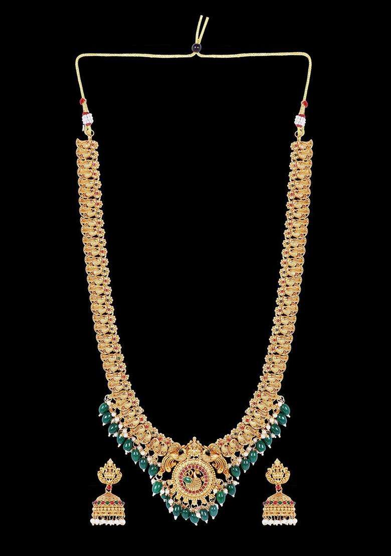 Gold-Plated Stone Studded & Beaded Lakshmi Goddess Jewellery Set for Women | Traditional Temple Jewellery for Wedding & Festive Wear | Gift for Her - Indya