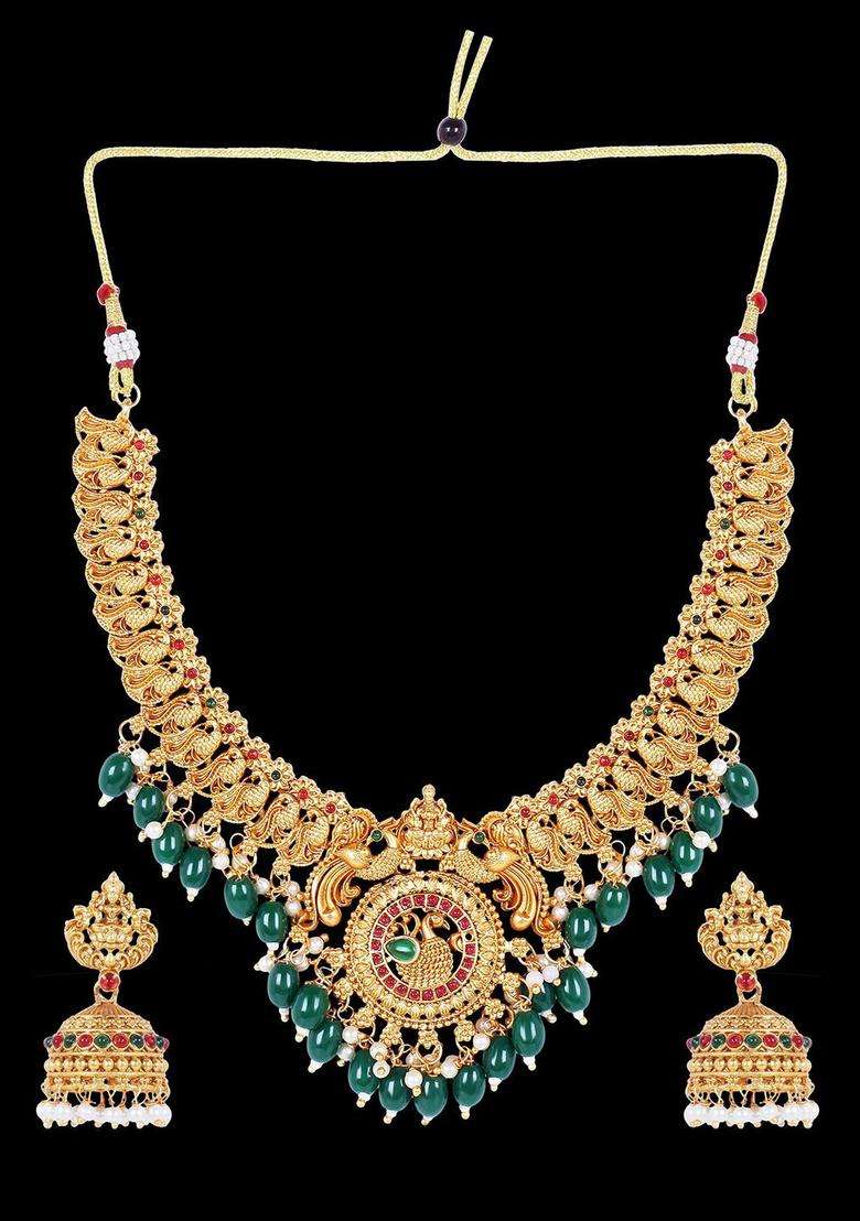Gold-Plated Stone Studded & Beaded Lakshmi Goddess Jewellery Set for Women | Traditional Temple Jewellery for Wedding & Festive Wear | Gift for Her - Indya