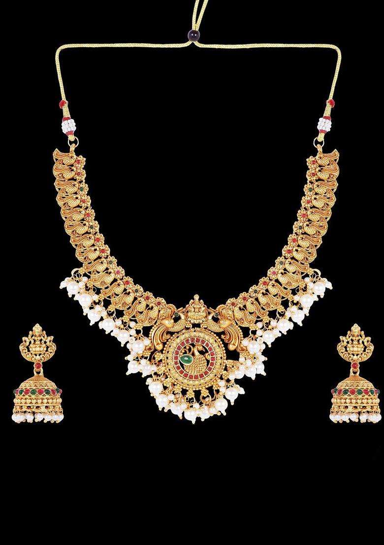 Gold-Plated Stone Studded & Beaded Lakshmi Goddess Jewellery Set for Women | Traditional Temple Jewellery for Wedding & Festive Wear | Gift for Her - Indya