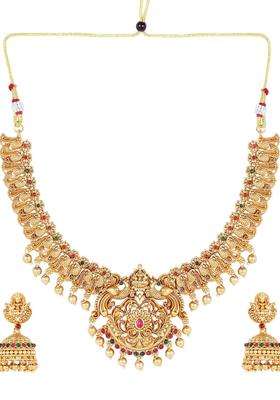 Gold-Plated Stone Studded & Beaded Lakshmi Goddess Jewellery Set for Women | Traditional Temple Jewellery for Wedding & Festive Wear | Gift for Her
