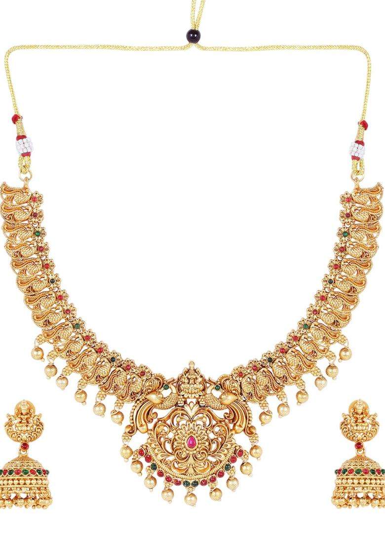 Gold-Plated Stone Studded & Beaded Lakshmi Goddess Jewellery Set for Women | Traditional Temple Jewellery for Wedding & Festive Wear | Gift for Her - Indya