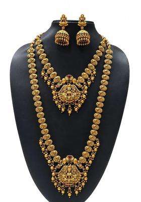 Gold-Plated Pearls Beaded Temple Necklace with Earrings for Women | Traditional Temple Jewellery for Wedding & Festive Wear | Gift for Her