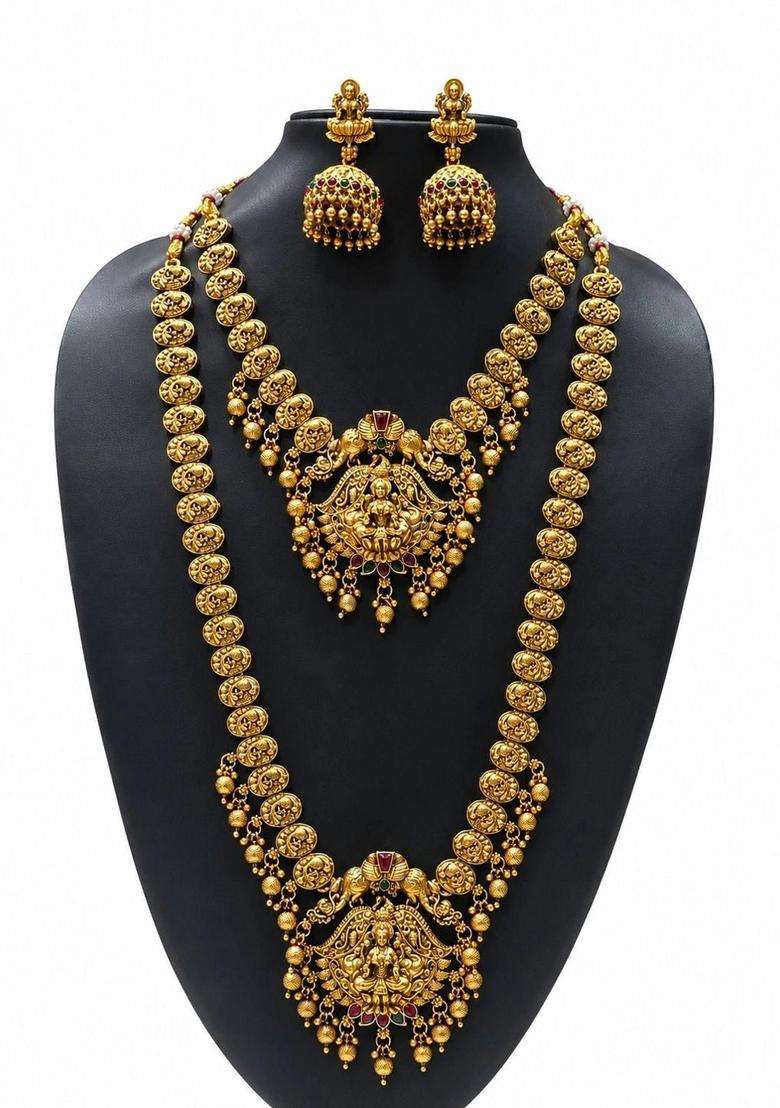Gold-Plated Pearls Beaded Temple Necklace with Earrings for Women | Traditional Temple Jewellery for Wedding & Festive Wear | Gift for Her - Indya