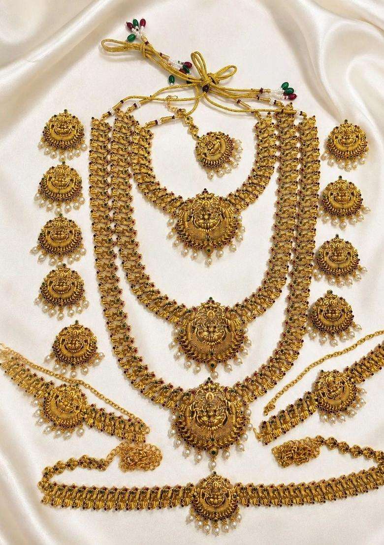 Gold-Plated Pearls Beaded Temple Necklace with Earrings for Women | Traditional Temple Jewellery for Wedding & Festive Wear | Gift for Her - Indya