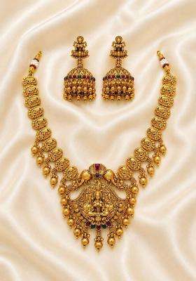 Gold-Plated Pearls Beaded Temple Necklace with Earrings for Women | Traditional Temple Jewellery for Wedding & Festive Wear | Gift for Her