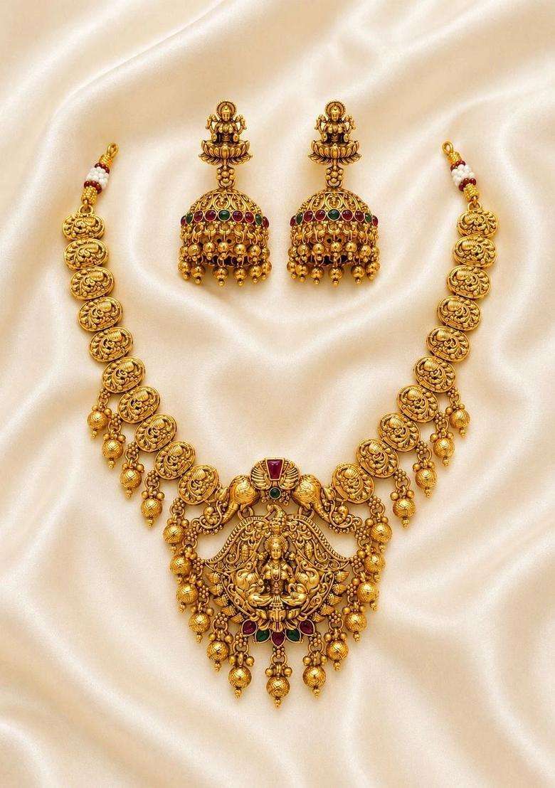 Gold-Plated Pearls Beaded Temple Necklace with Earrings for Women | Traditional Temple Jewellery for Wedding & Festive Wear | Gift for Her - Indya