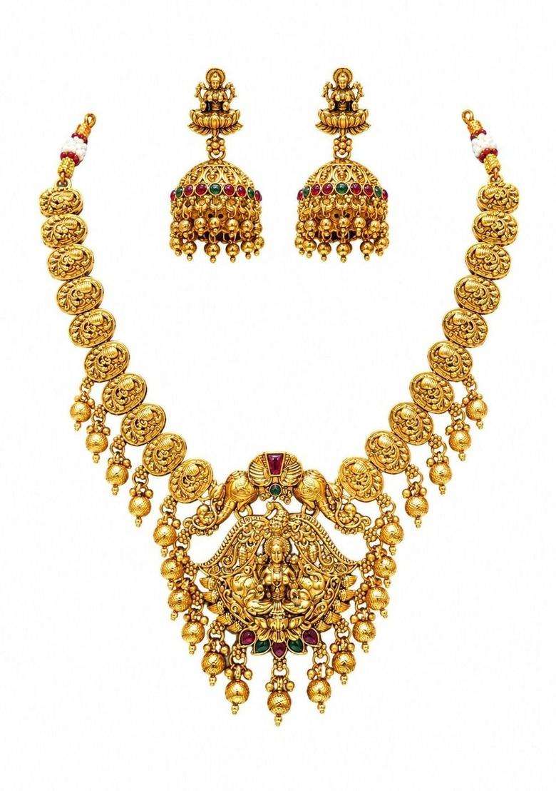 Gold-Plated Pearls Beaded Temple Necklace with Earrings for Women | Traditional Temple Jewellery for Wedding & Festive Wear | Gift for Her - Indya