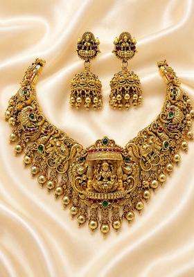 Gold-Plated Pearls Beaded Temple Necklace with Earrings for Women | Traditional Temple Jewellery for Wedding & Festive Wear | Gift for Her