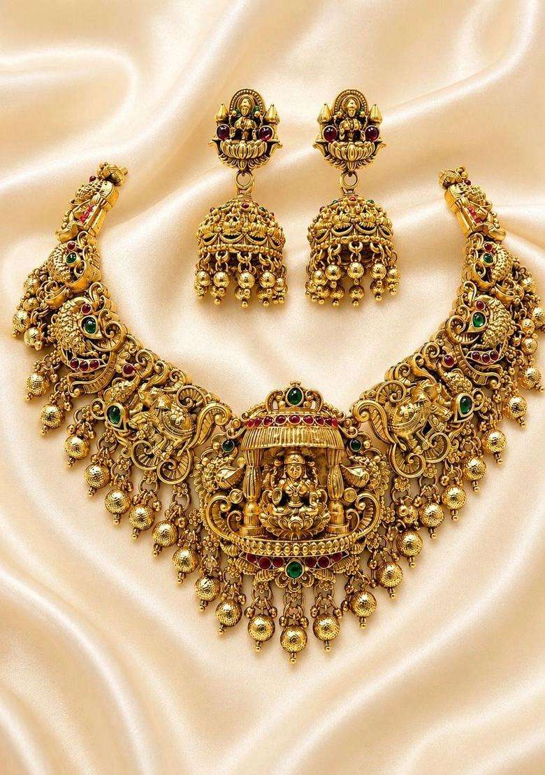 Gold-Plated Pearls Beaded Temple Necklace with Earrings for Women | Traditional Temple Jewellery for Wedding & Festive Wear | Gift for Her - Indya