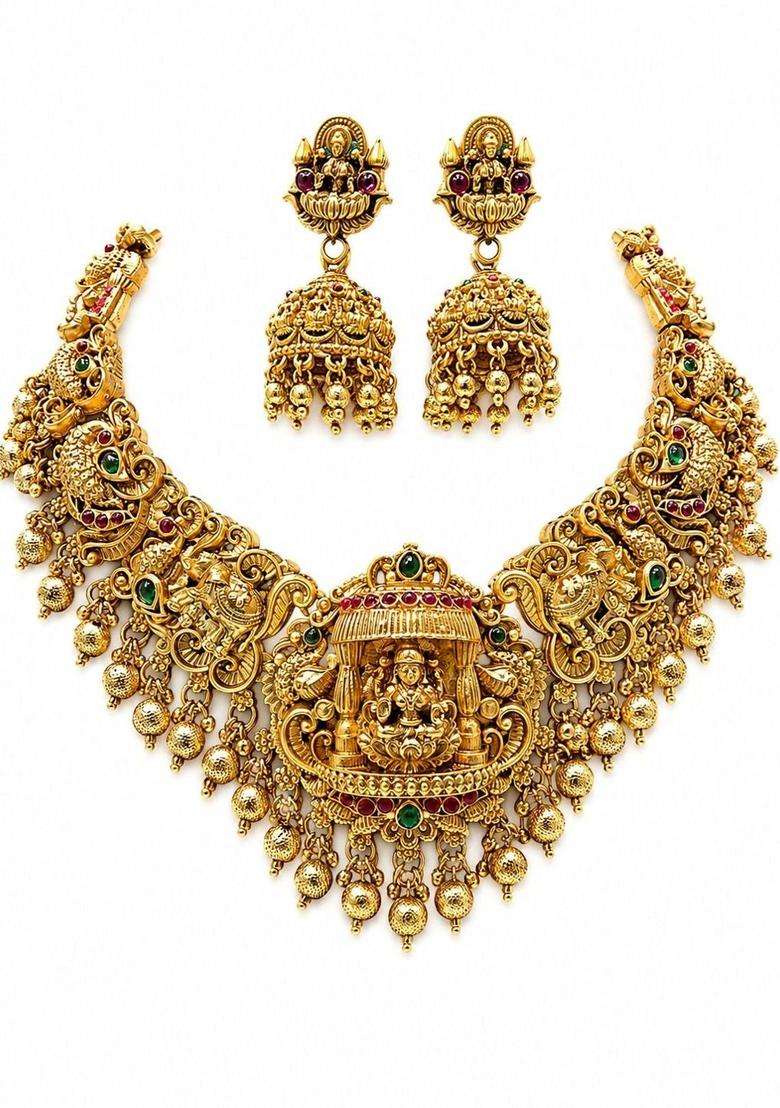Gold-Plated Pearls Beaded Temple Necklace with Earrings for Women | Traditional Temple Jewellery for Wedding & Festive Wear | Gift for Her - Indya