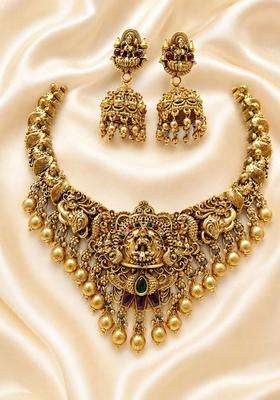 Gold-Plated Pearls Beaded Temple Necklace with Earrings for Women | Traditional Temple Jewellery for Wedding & Festive Wear | Gift for Her