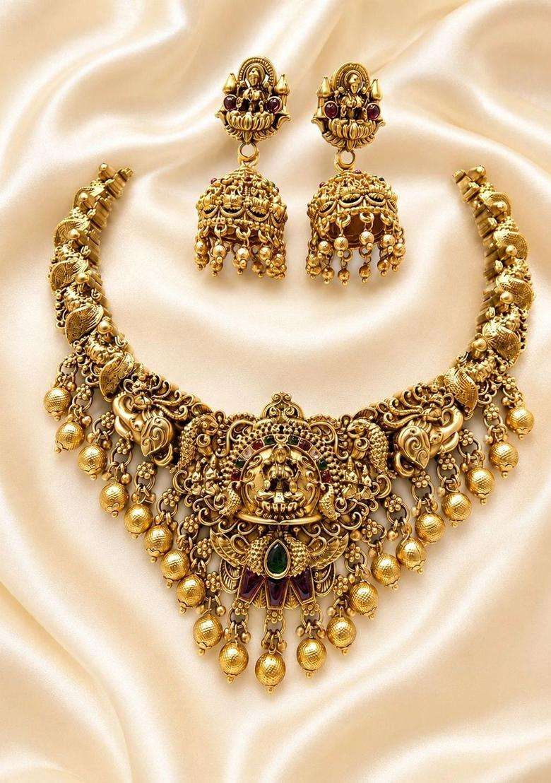 Gold-Plated Pearls Beaded Temple Necklace with Earrings for Women | Traditional Temple Jewellery for Wedding & Festive Wear | Gift for Her - Indya