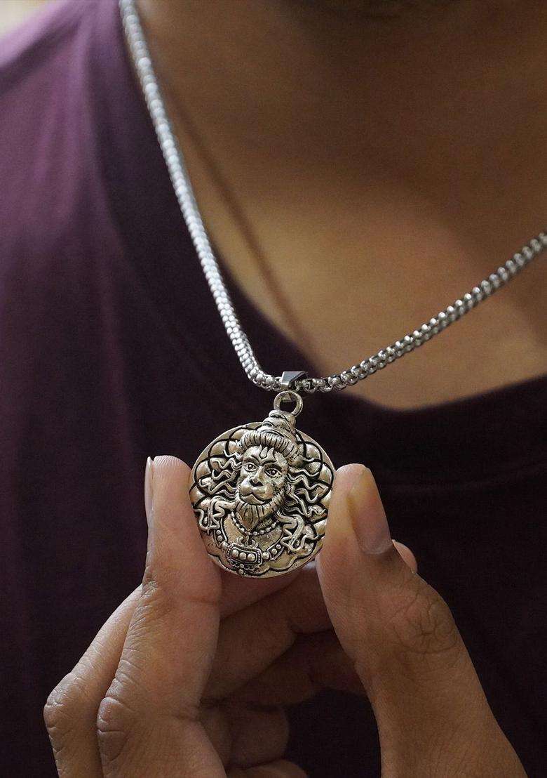 Silver-Plated 3D Bajrangbali Hanuman Ji Necklace for Men & Women | Stylish Party & Everyday Wear | Festive Gift - Indya
