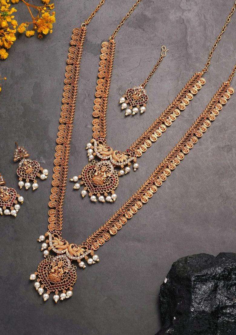 Rose Gold-Plated Gold-Plated Temple Beaded Copper Necklace and Earrings for Women | Traditional Temple Jewellery for Wedding & Festive Wear | Gift for Her - Indya