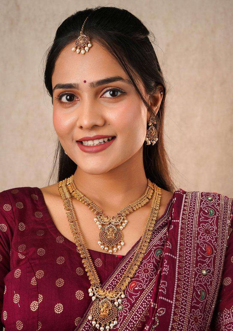 Rose Gold-Plated Gold-Plated Temple Beaded Copper Necklace and Earrings for Women | Traditional Temple Jewellery for Wedding & Festive Wear | Gift for Her - Indya