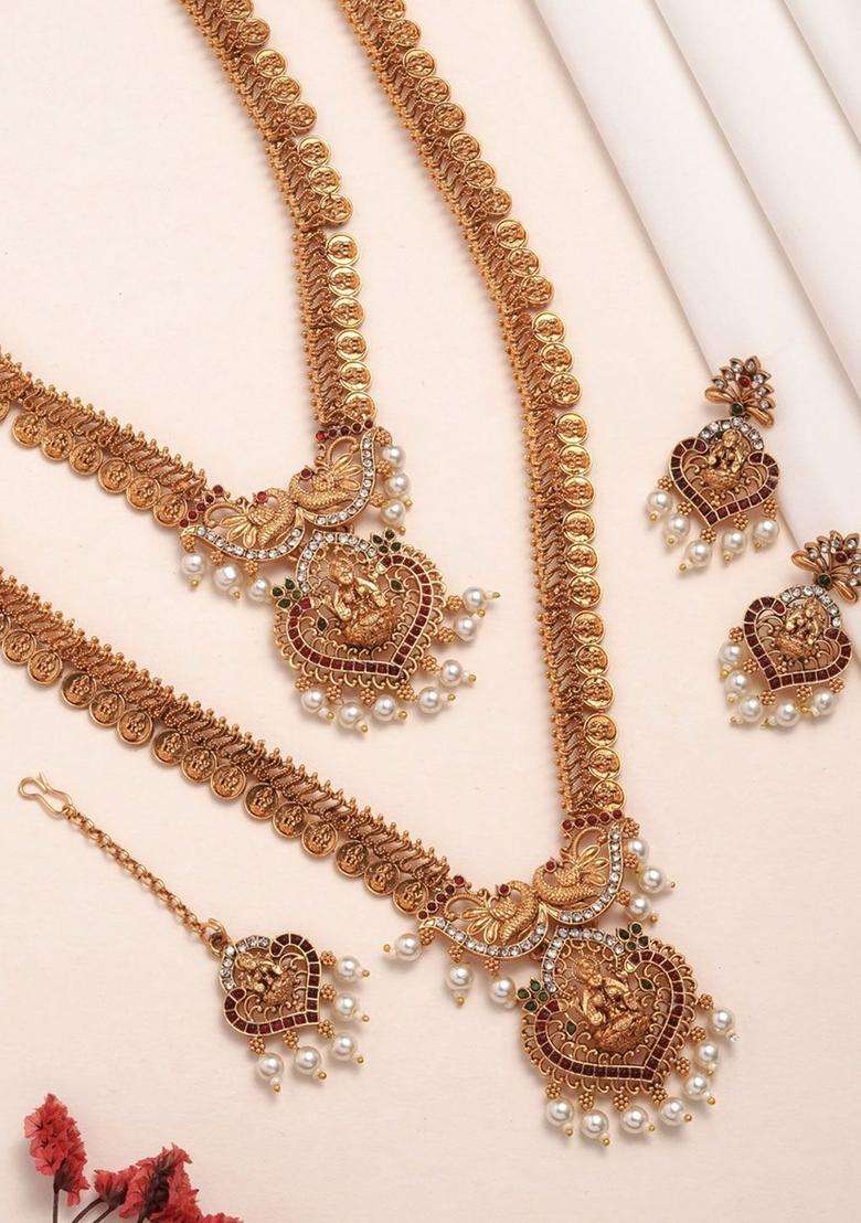 Rose Gold-Plated Gold-Plated Temple Beaded Copper Necklace and Earrings for Women | Traditional Temple Jewellery for Wedding & Festive Wear | Gift for Her - Indya