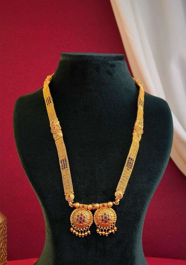 Gold-Plated Temple Beaded Copper Necklace and Earrings for Women | Traditional Temple Jewellery for Wedding & Festive Wear | Gift for Her - Indya