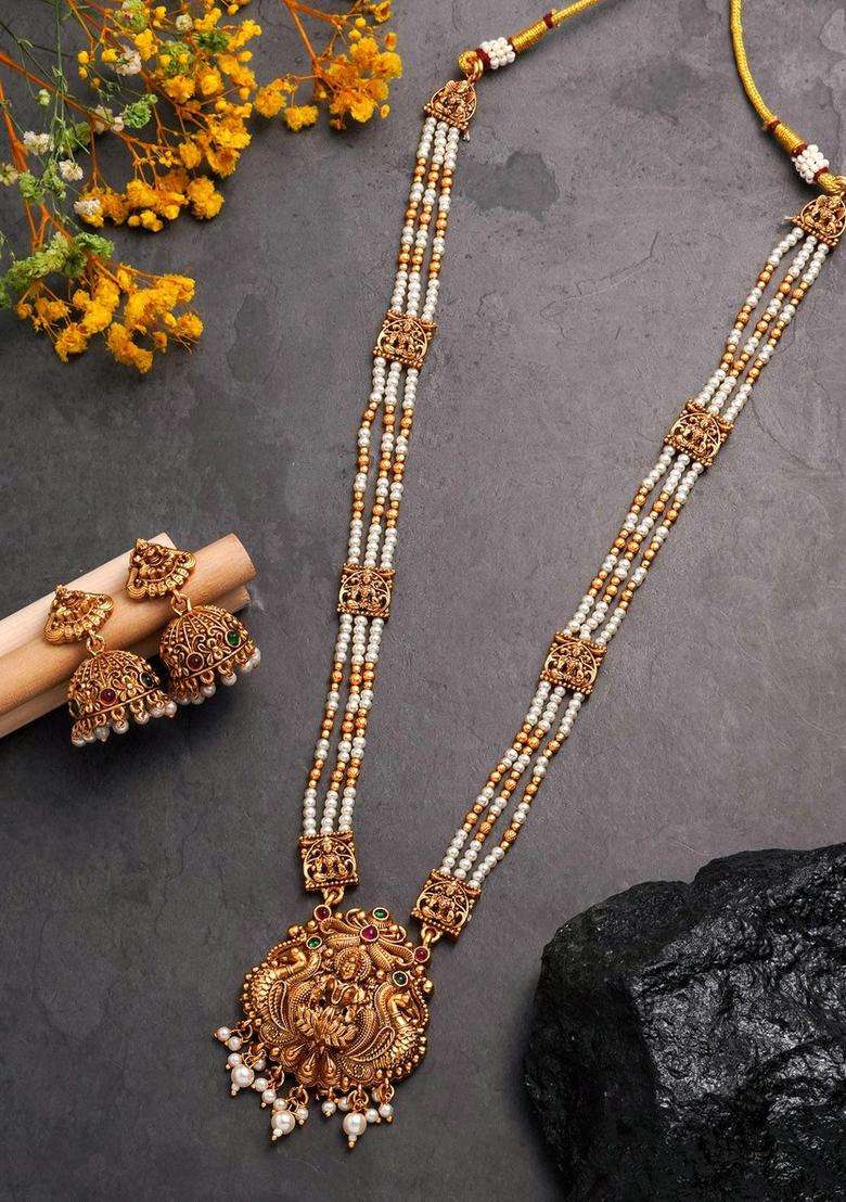 Rose Gold-Plated Temple Beaded Copper Necklace and Earrings for Women | Traditional Temple Jewellery for Wedding & Festive Wear | Gift for Her - Indya