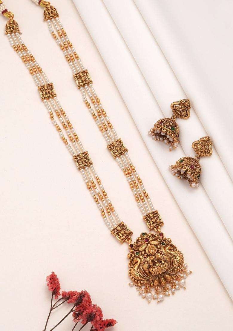 Rose Gold-Plated Temple Beaded Copper Necklace and Earrings for Women | Traditional Temple Jewellery for Wedding & Festive Wear | Gift for Her - Indya