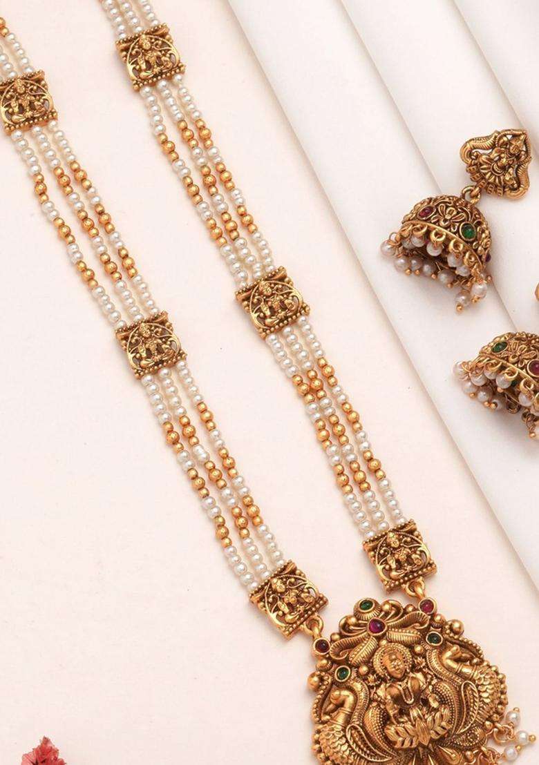 Rose Gold-Plated Temple Beaded Copper Necklace and Earrings for Women | Traditional Temple Jewellery for Wedding & Festive Wear | Gift for Her - Indya
