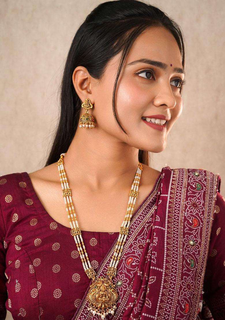 Rose Gold-Plated Temple Beaded Copper Necklace and Earrings for Women | Traditional Temple Jewellery for Wedding & Festive Wear | Gift for Her - Indya