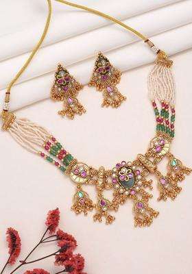 Rose Gold-Plated Temple Beaded Necklace and Earrings for Women | Traditional Temple Jewellery for Wedding & Festive Wear | Gift for Her
