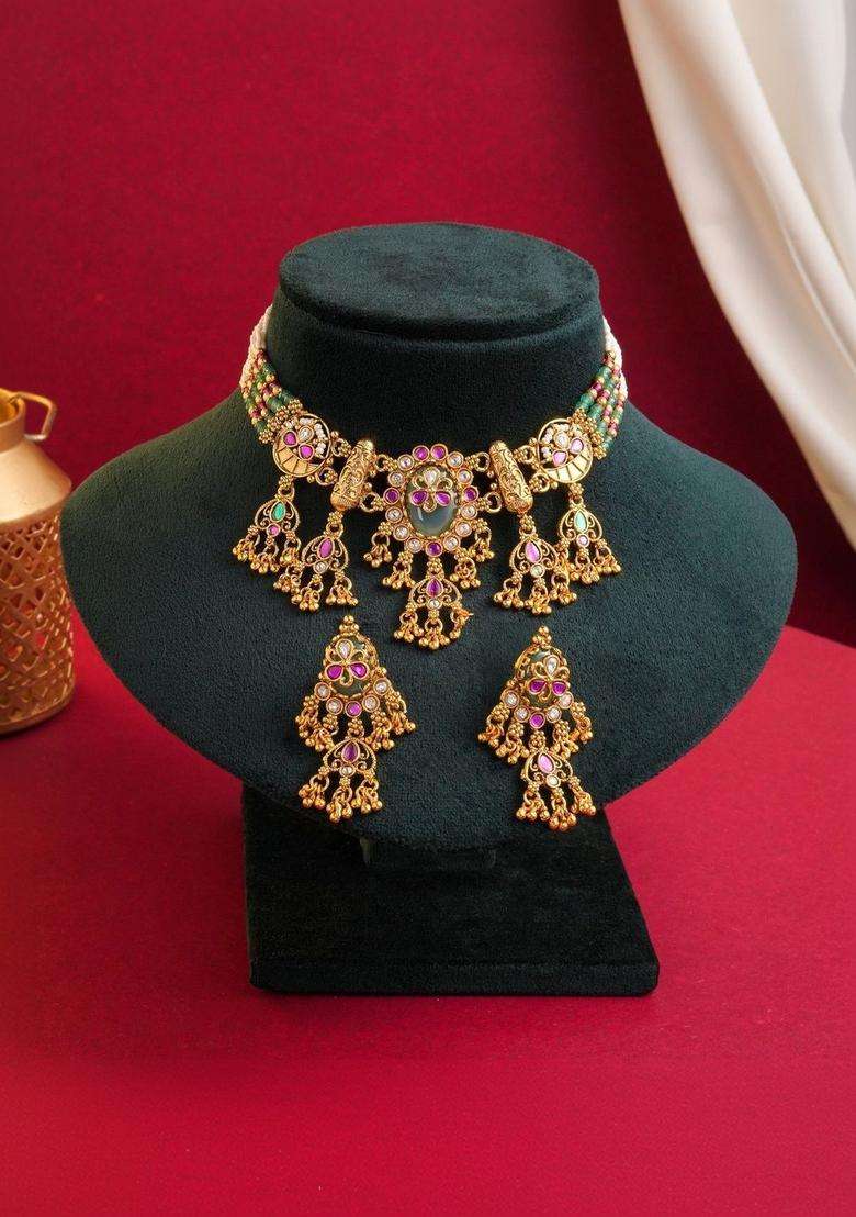 Rose Gold-Plated Temple Beaded Necklace and Earrings for Women | Traditional Temple Jewellery for Wedding & Festive Wear | Gift for Her - Indya