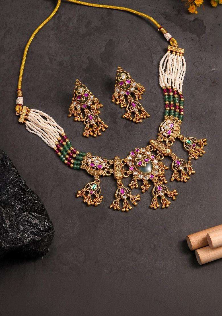 Rose Gold-Plated Temple Beaded Necklace and Earrings for Women | Traditional Temple Jewellery for Wedding & Festive Wear | Gift for Her - Indya