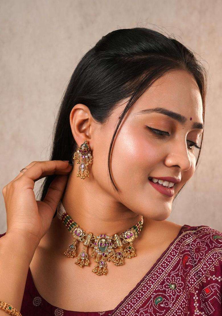 Rose Gold-Plated Temple Beaded Necklace and Earrings for Women | Traditional Temple Jewellery for Wedding & Festive Wear | Gift for Her - Indya