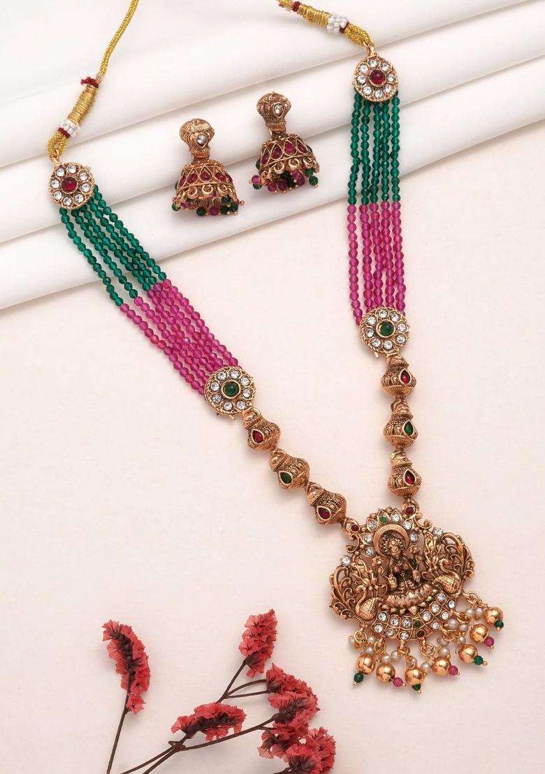 Rose Gold-Plated Gold-Plated Temple Beaded Copper Necklace and Earrings for Women | Traditional Temple Jewellery for Wedding & Festive Wear | Gift for Her - Indya