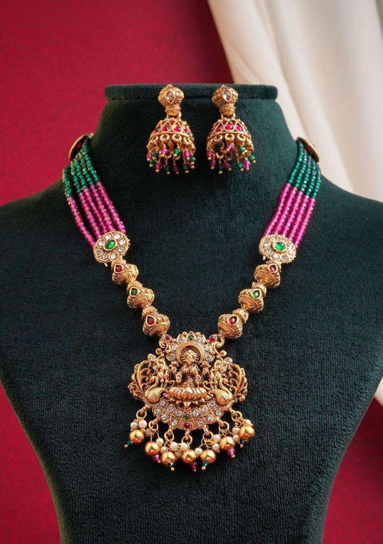 Rose Gold-Plated Gold-Plated Temple Beaded Copper Necklace and Earrings for Women | Traditional Temple Jewellery for Wedding & Festive Wear | Gift for Her - Indya