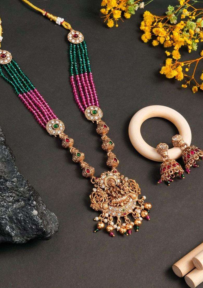 Rose Gold-Plated Gold-Plated Temple Beaded Copper Necklace and Earrings for Women | Traditional Temple Jewellery for Wedding & Festive Wear | Gift for Her - Indya