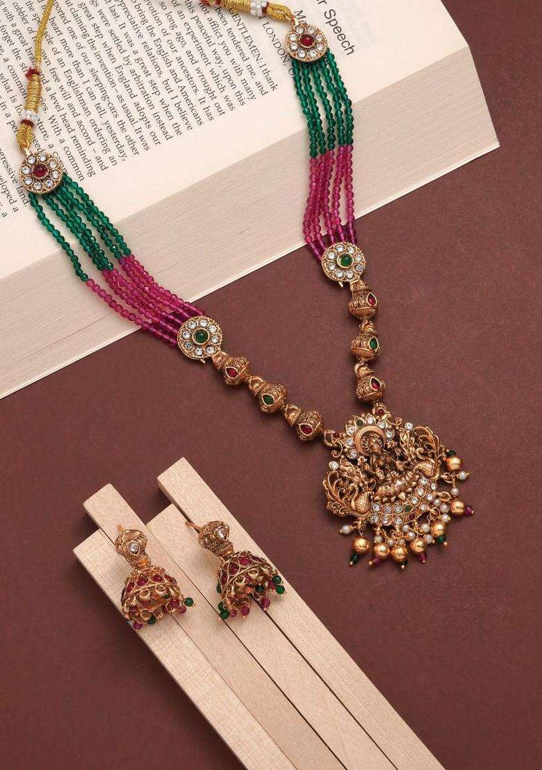 Rose Gold-Plated Gold-Plated Temple Beaded Copper Necklace and Earrings for Women | Traditional Temple Jewellery for Wedding & Festive Wear | Gift for Her - Indya