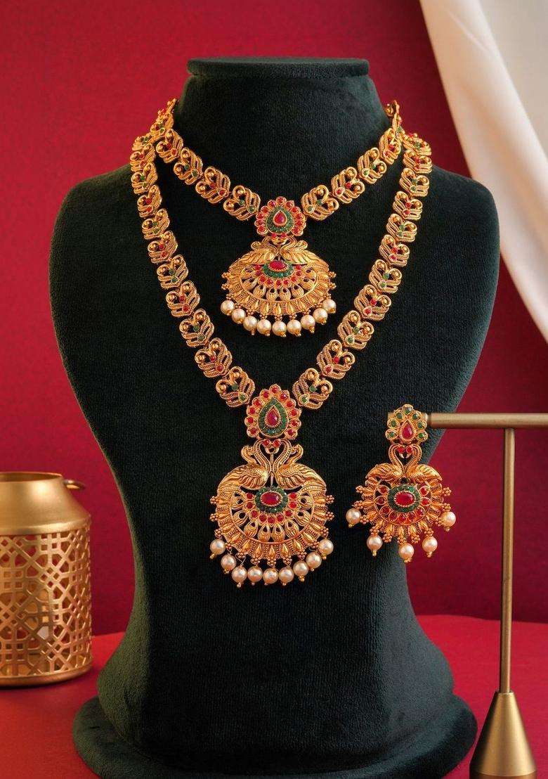 Rose Gold-Plated Gold-Plated Temple Beaded Copper Necklace and Earrings for Women | Traditional Temple Jewellery for Wedding & Festive Wear | Gift for Her - Indya